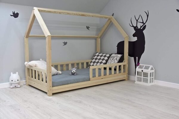 Best For Kids Kinderbett Kinderhaus mit Rausfallschutz Jugendbett Natur Haus Holz Bett mit oder ohne 10 cm Matratze