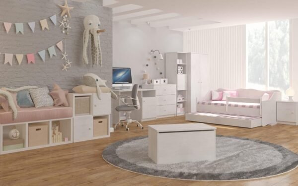 Best For Kids 7-teiliges Kinderzimmer-Set in Weiß – Bett mit 10 cm Matratze, Kleiderschrank, Kommode, Regal, Nachttisch, Schreibtisch & Spielzeugkiste
