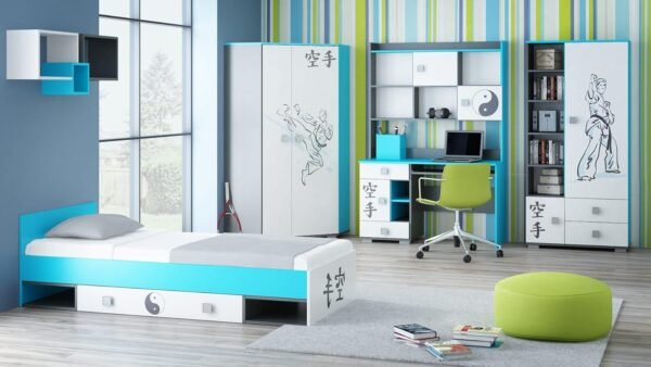 Best For Kids Komplett Kinderzimmer-Set Karate – 6-teilig mit Bett & 10 cm Matratze, Schreibtisch, Kleiderschrank, Regal & hängendem Regal