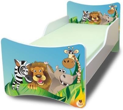Kinderbett 90x160 im Zoo Design ohne Matratze | Kinder Einzelbett aus Holz | Jugendbett mit stabilem Lattenrost & Motiv
