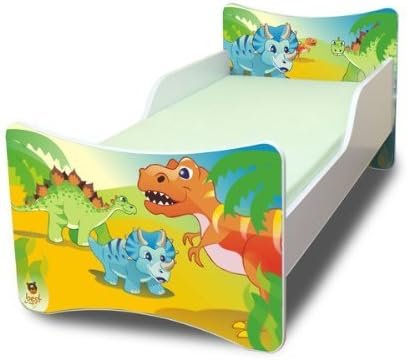 Kinderbett Dinosaurier 90x160 ohne Matratze, robustes Holzbett mit kindgerechtem Motiv, ideales Jungenbett