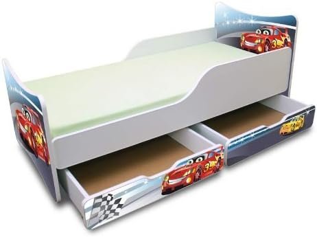Best For Kids Kinderbett 90x200 cm mit zwei Schubladen – Cars II Rennwagen Design, stabiles Holzbett mit Stauraum & Komfort