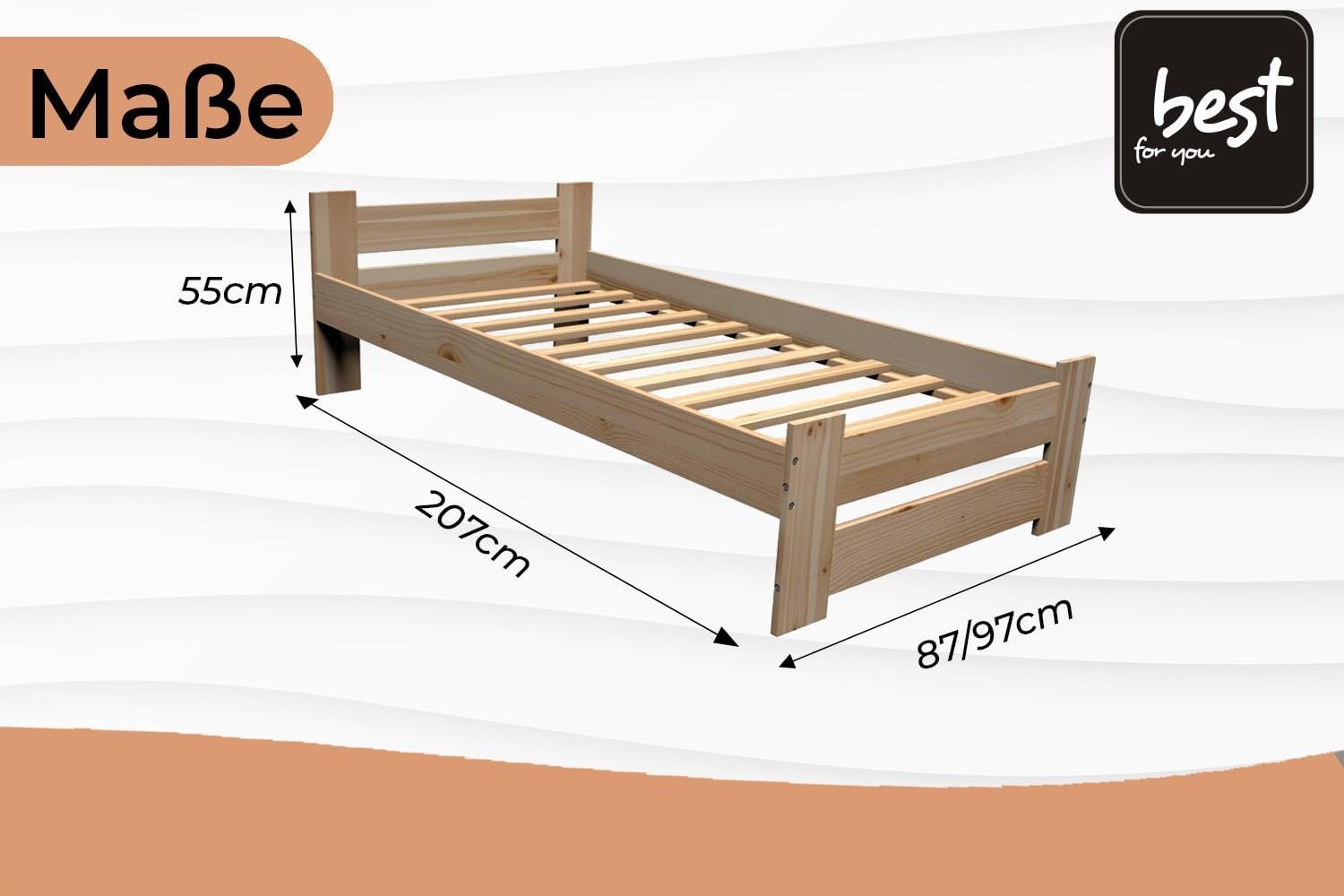 Best for You Futonbett, Doppelbett, erhöht, aus 100% natürlichem Massivholz, mit Kopfteil und Lattenrost, in verschiedenen Größen erhältlich - Image 2