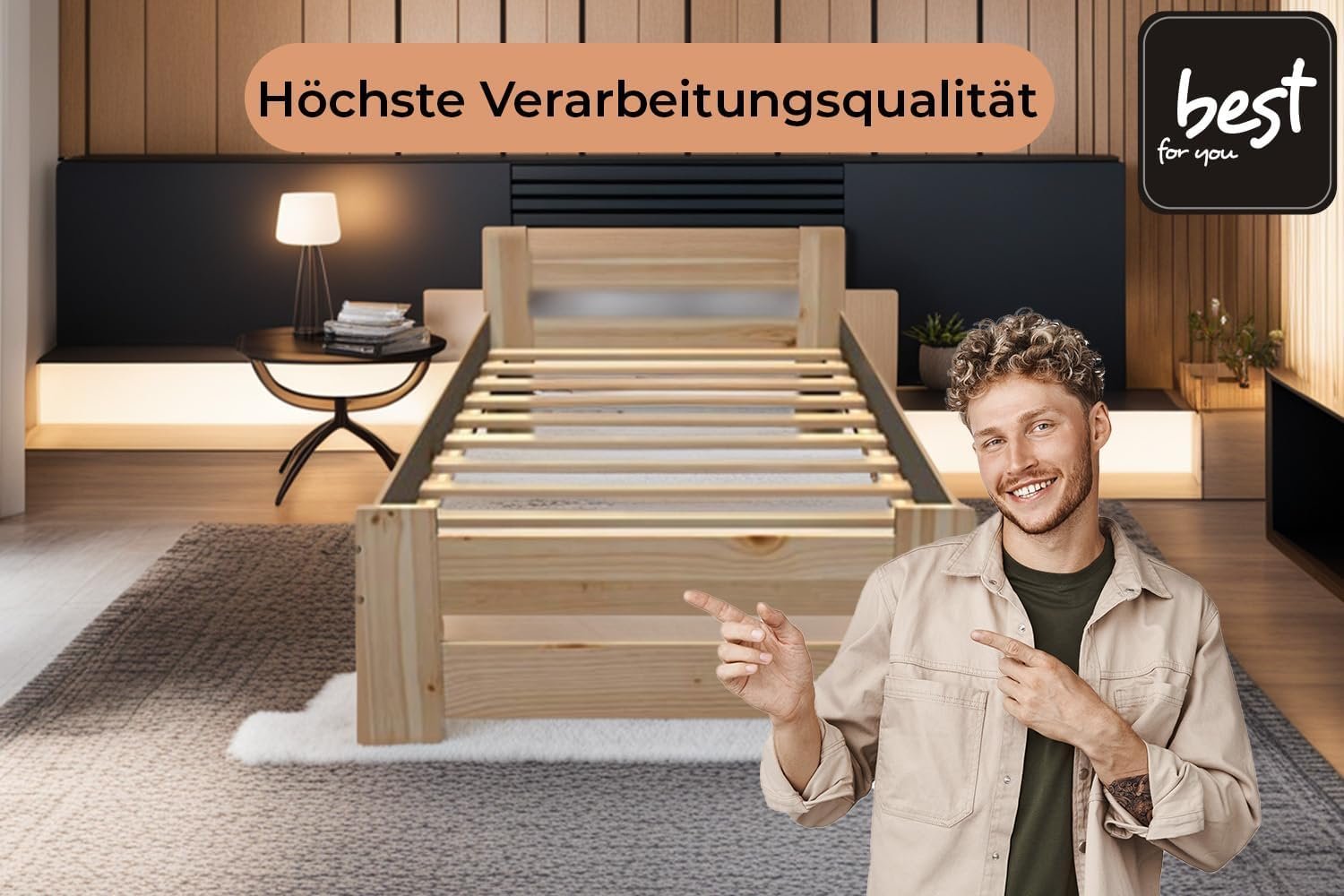 Best for You Futonbett, Doppelbett, erhöht, aus 100% natürlichem Massivholz, mit Kopfteil und Lattenrost, in verschiedenen Größen erhältlich - Image 6