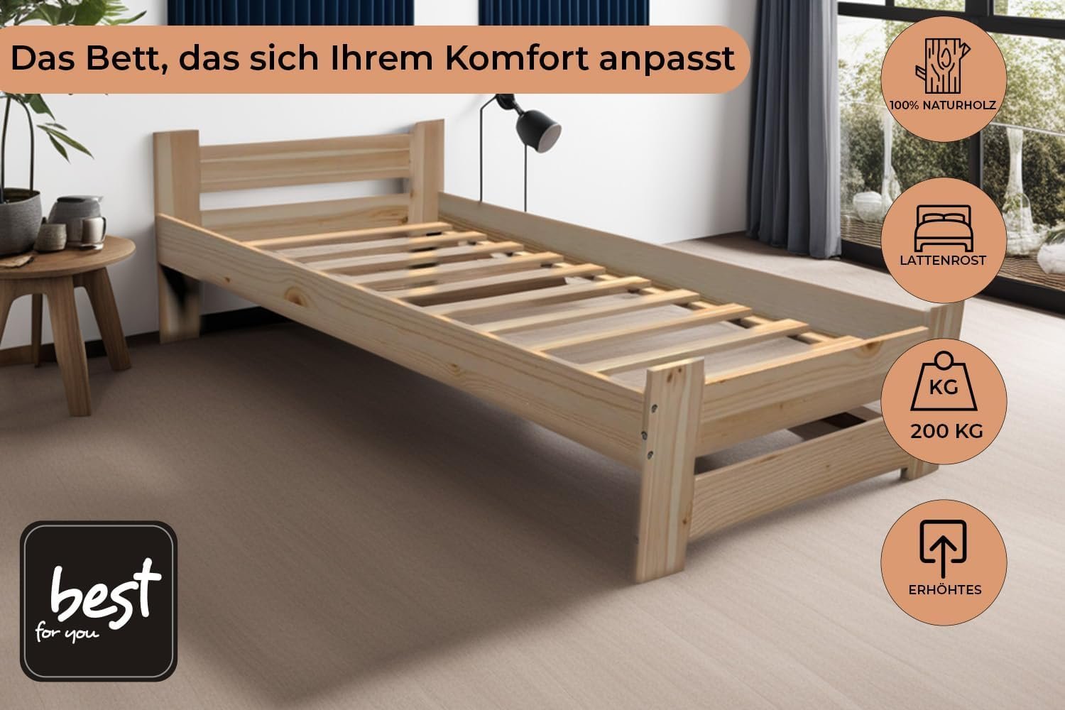 Best for You Futonbett, Doppelbett, erhöht, aus 100% natürlichem Massivholz, mit Kopfteil und Lattenrost, in verschiedenen Größen erhältlich - Image 5