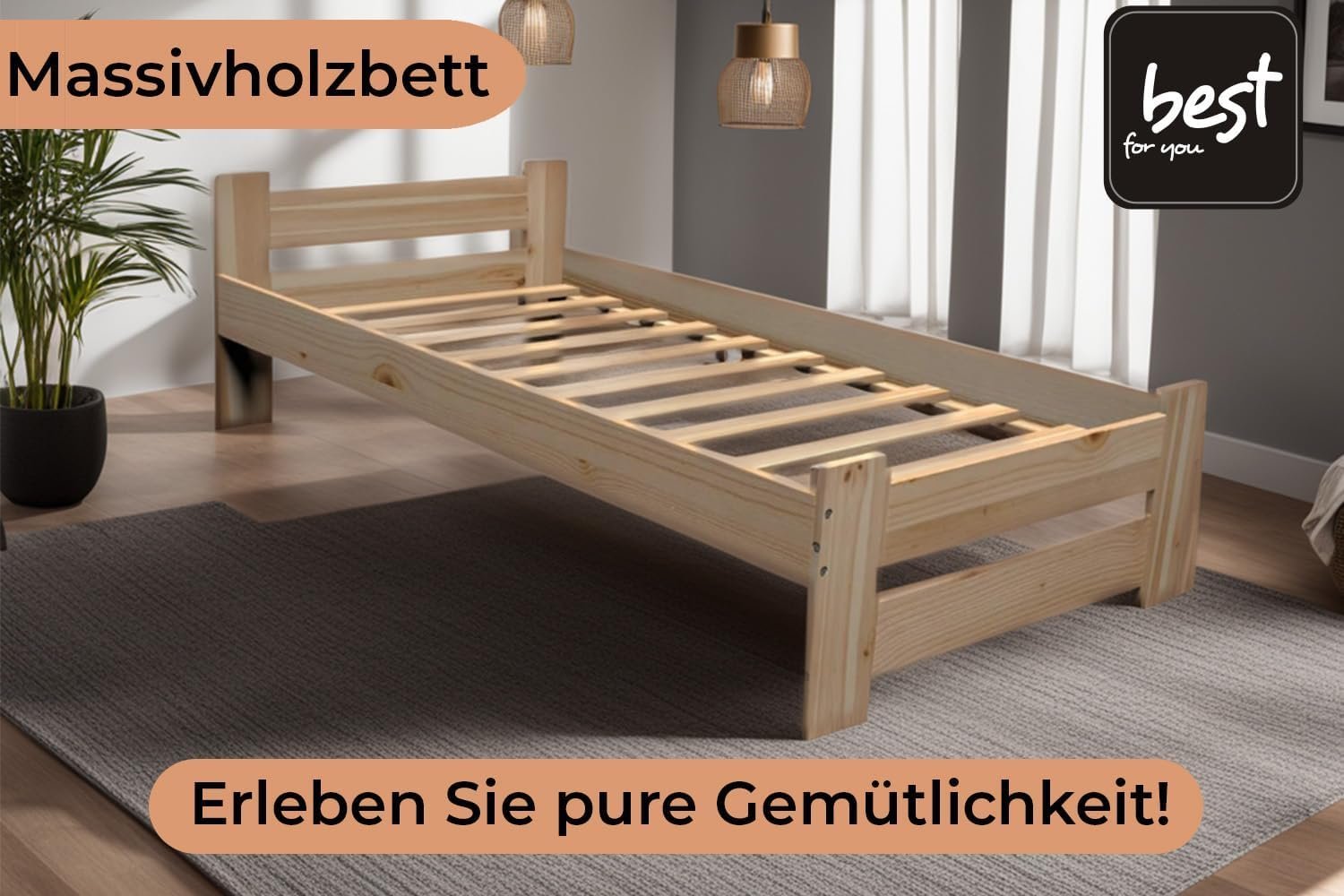 Best for You Futonbett, Doppelbett, erhöht, aus 100% natürlichem Massivholz, mit Kopfteil und Lattenrost, in verschiedenen Größen erhältlich - Image 3