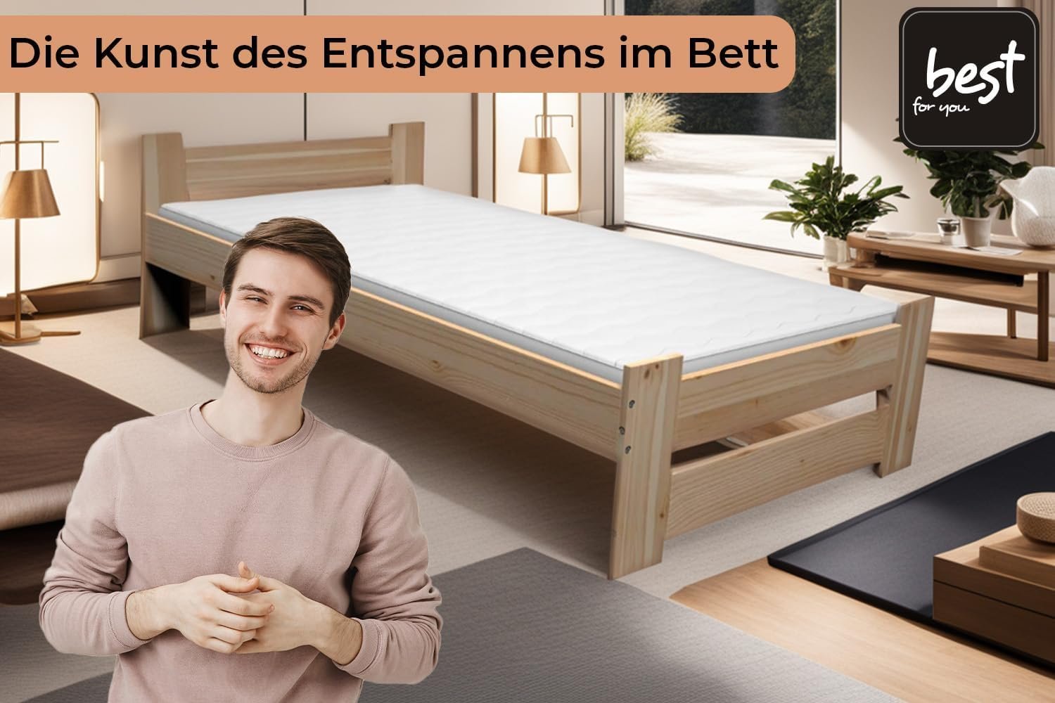 Best for You Futonbett, Doppelbett, erhöht, aus 100% natürlichem Massivholz, mit Kopfteil und Lattenrost, in verschiedenen Größen erhältlich - Image 7