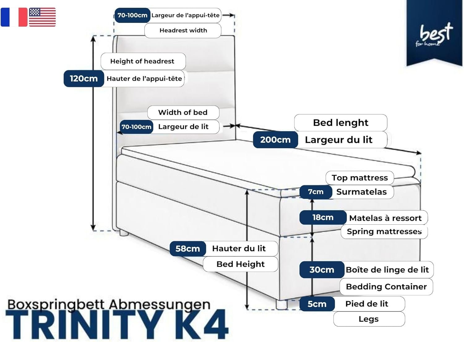 Best for Home Boxspringbett Trinity K-4 mit 7-Zonen Bonellmatratze, Stauraum & Lieferung bis Bordsteinkante - Image 5
