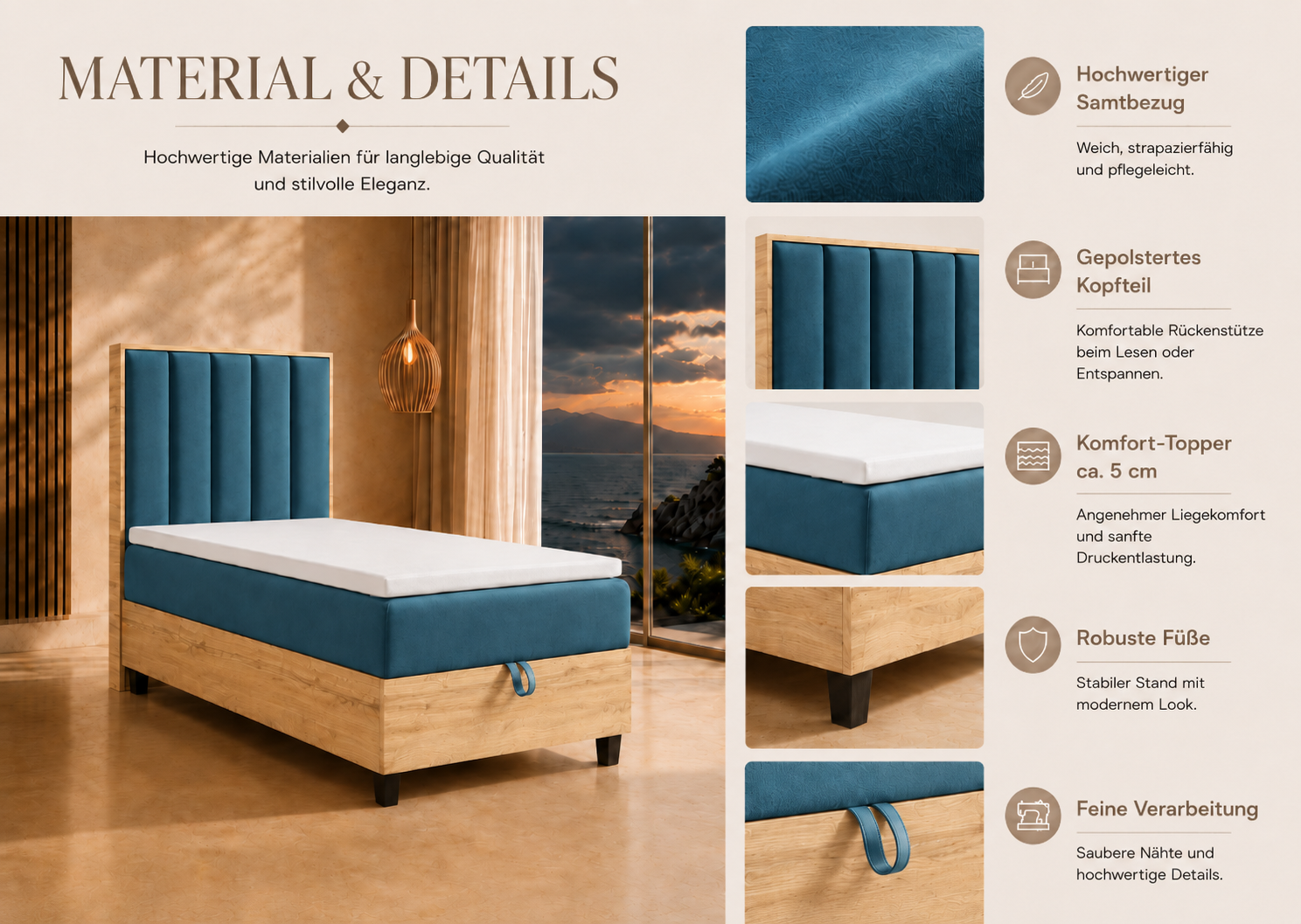 Best For Home – Trinity K-10 Plate Einzelbett | Boxspringbett mit Bettkasten, Bonellfederkern & Topper | Polsterkopfteil | Stauraumbett - Image 3