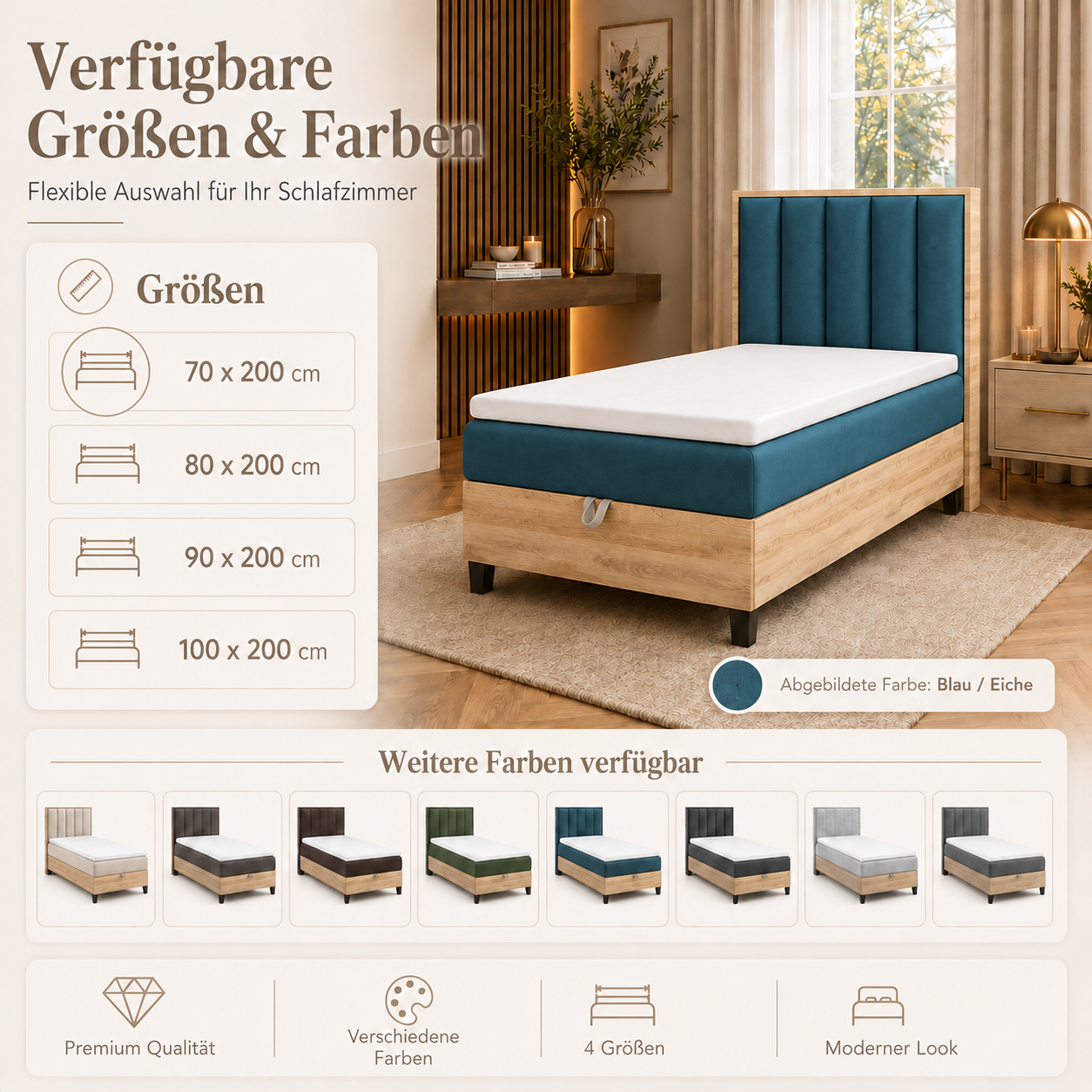 Best For Home – Trinity K-10 Plate Einzelbett | Boxspringbett mit Bettkasten, Bonellfederkern & Topper | Polsterkopfteil | Stauraumbett - Image 4