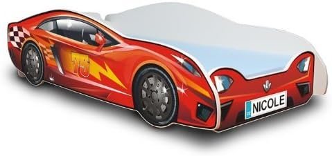 Best For Kids Autobett 80x180 cm in Zwei Farben mit Lattenrost und Matratze 10 cm + Name des Kindes als Auto-Schild! (Rot)