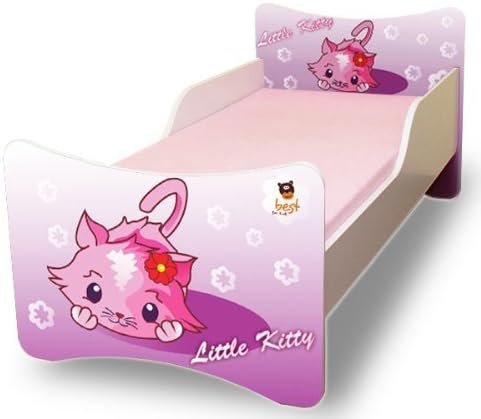 Kinderbett 90x200 Little Kitty – stabiles Kinderbett ohne Matratze, modernes Design mit süßem Katzenmotiv für Mädchenzimmer