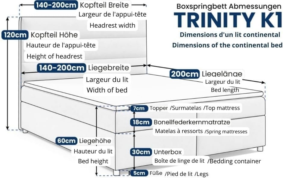 Best For Home | Boxspringbett Trinity K-1 | Bonellfederkern H3 & ca. 5 cm Topper | Bettkasten mit Federmechanismus - Image 5