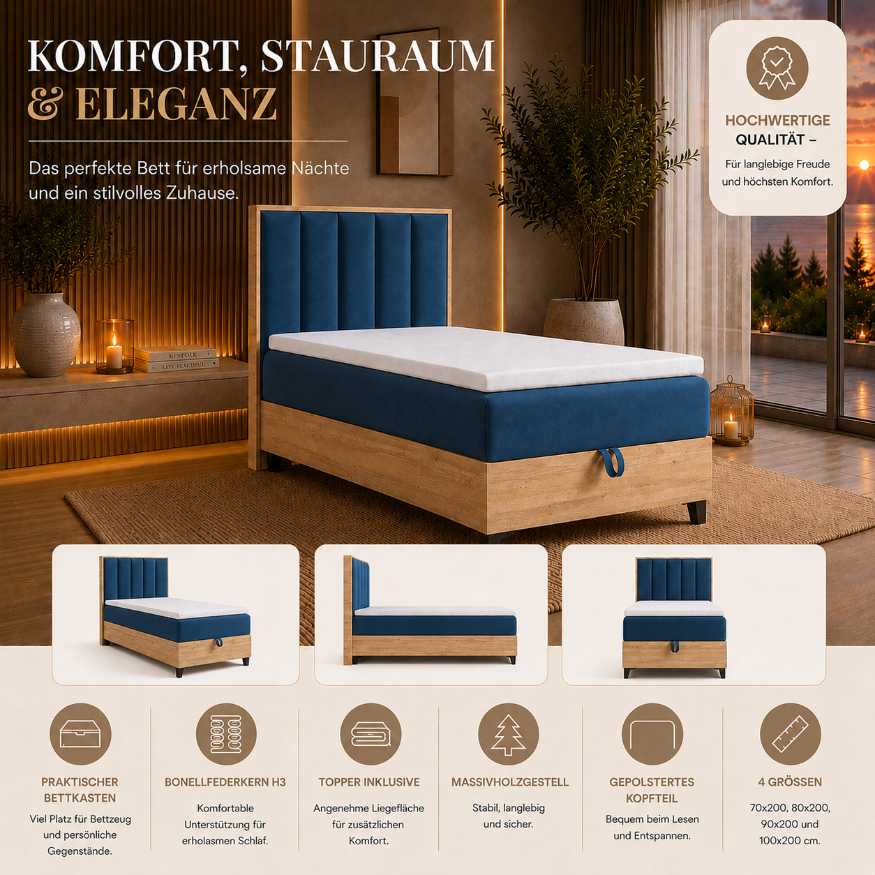 Best For Home – Trinity K-10 Plate Einzelbett | Boxspringbett mit Bettkasten, Bonellfederkern & Topper | Polsterkopfteil | Stauraumbett - Image 7
