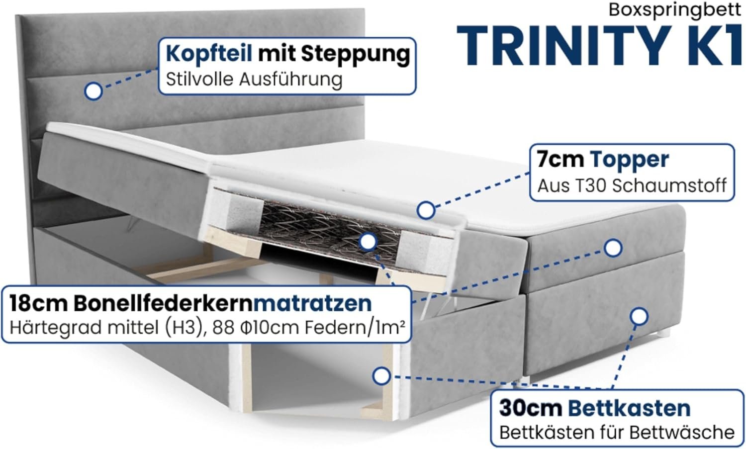 Best For Home | Boxspringbett Trinity K-1 | Bonellfederkern H3 & ca. 5 cm Topper | Bettkasten mit Federmechanismus - Image 4