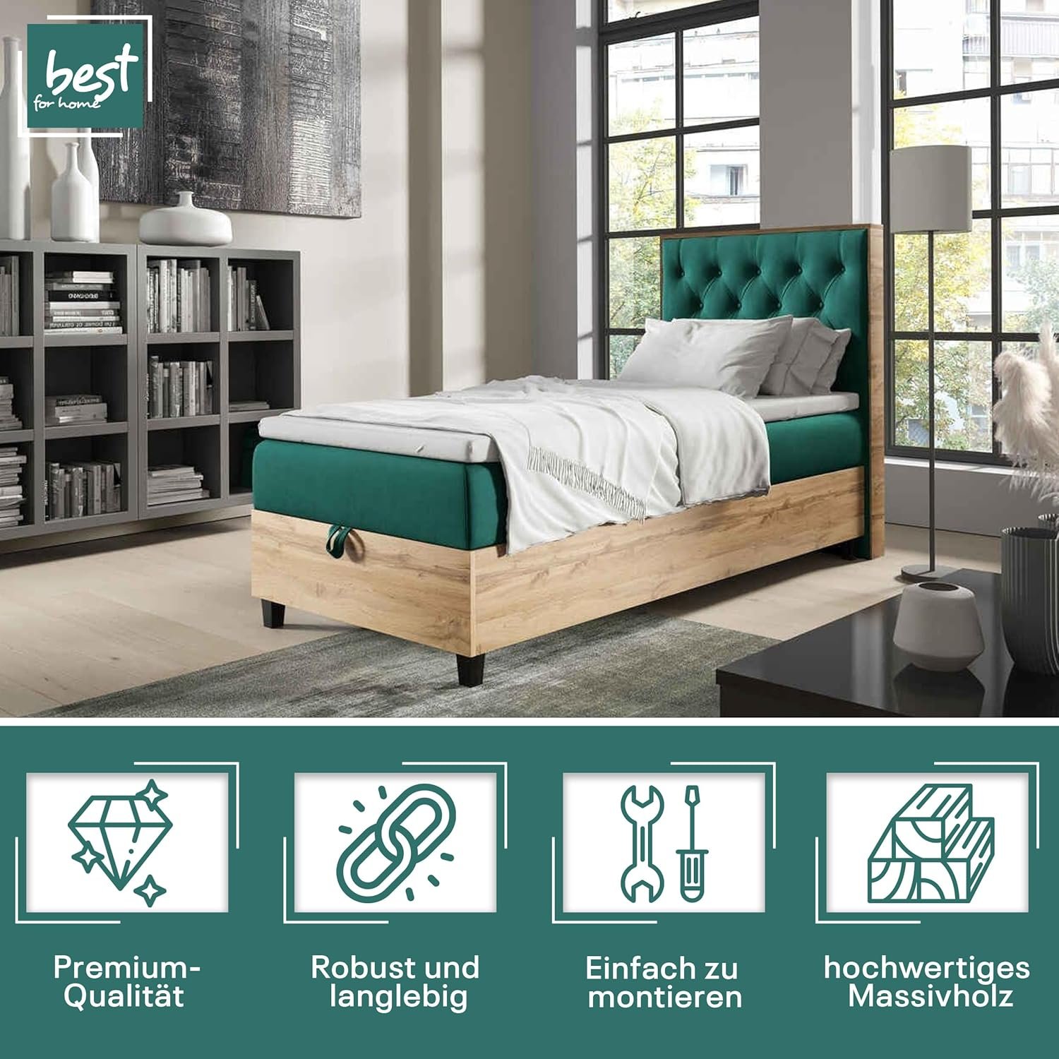 Best For Home Trinity K14 Boxspringbett – Einzelbett mit Matratze, Topper, Stauraum, Bettkasten & gepolstertem Kopfteil, inkl. Lieferung - Image 2