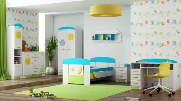 Kinderzimmer Komplett Set Summer 3D (Set, 8-St., Bett mit 10cm Matratze + Kleiderschrank + Kommode + Regal + Schreibtisch + Nachtisch + Wandregal)