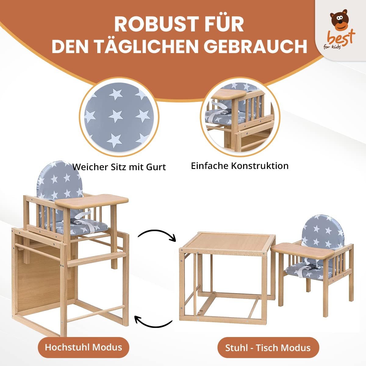4myBaby GmbH Kombihochstuhl Holz mit Tisch, Kinder Hochstuhl umbaubar für Babys & Kleinkinder - Image 6