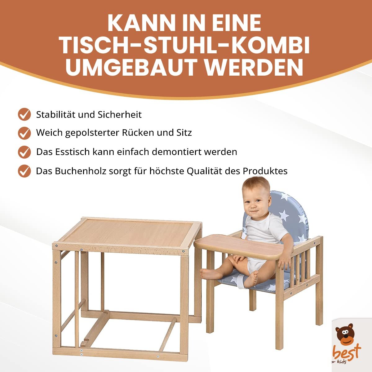 4myBaby GmbH Kombihochstuhl Holz mit Tisch, Kinder Hochstuhl umbaubar für Babys & Kleinkinder - Image 7