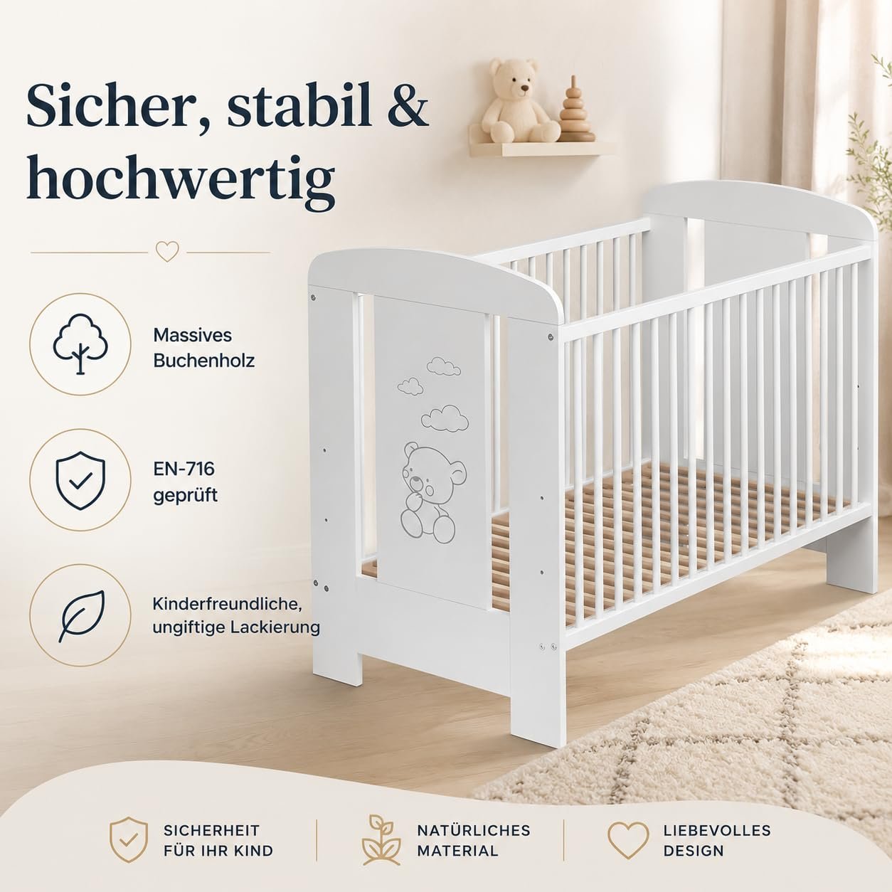 Best For Kids Babybett 120x60 cm, Umbaubar zum Juniorbett, Höhenverstellbar, Buche, Weiß - Image 7