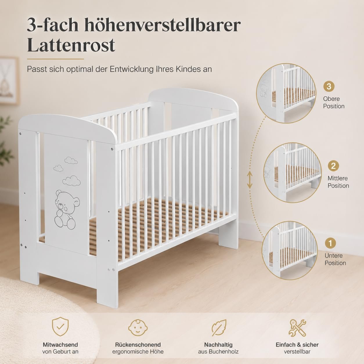 Best For Kids Babybett 120x60 cm, Umbaubar zum Juniorbett, Höhenverstellbar, Buche, Weiß - Image 4
