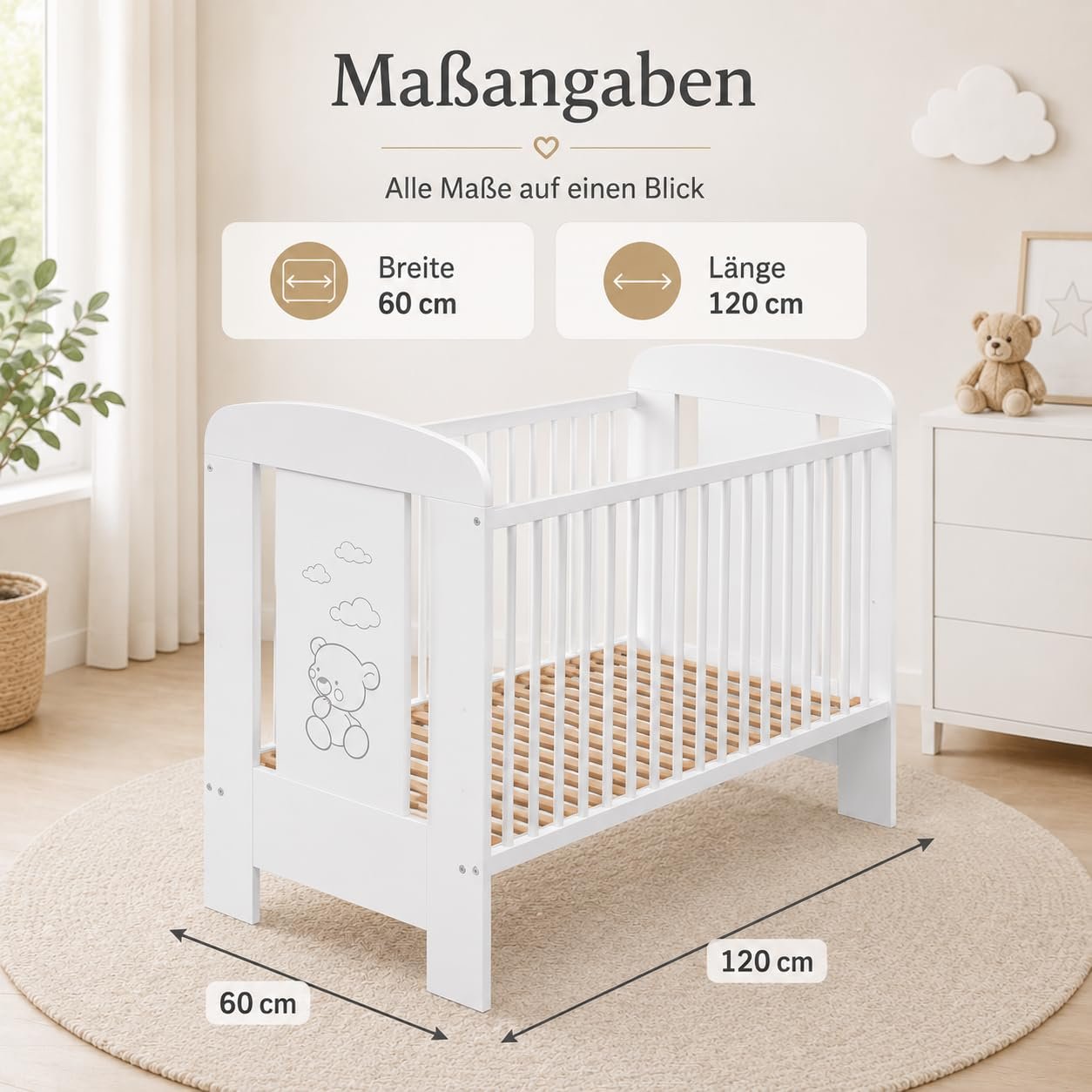Best For Kids Babybett 120x60 cm, Umbaubar zum Juniorbett, Höhenverstellbar, Buche, Weiß - Image 2
