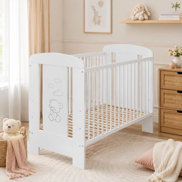 Best For Kids Babybett 120x60 cm, Umbaubar zum Juniorbett, Höhenverstellbar, Buche, Weiß