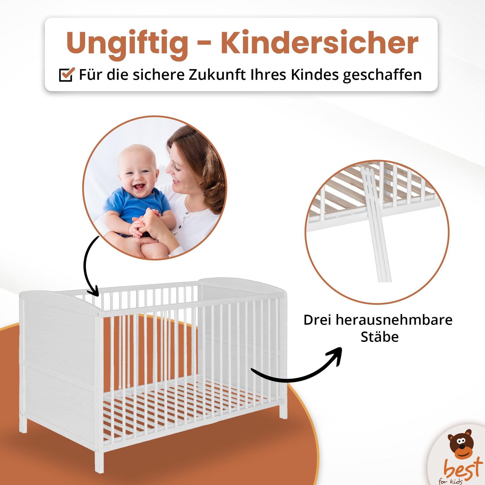 Best For Kids Gitterbett 70x140 cm 2in1 Babybett Juniorbett, umbaubar aus Buchenholz - Image 3