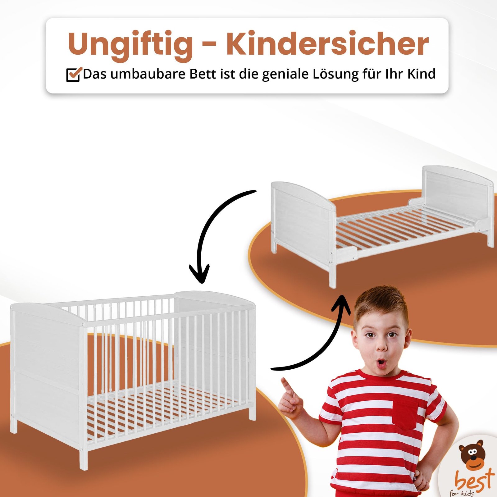Best For Kids Gitterbett 70x140 cm 2in1 Babybett Juniorbett, umbaubar aus Buchenholz - Image 5