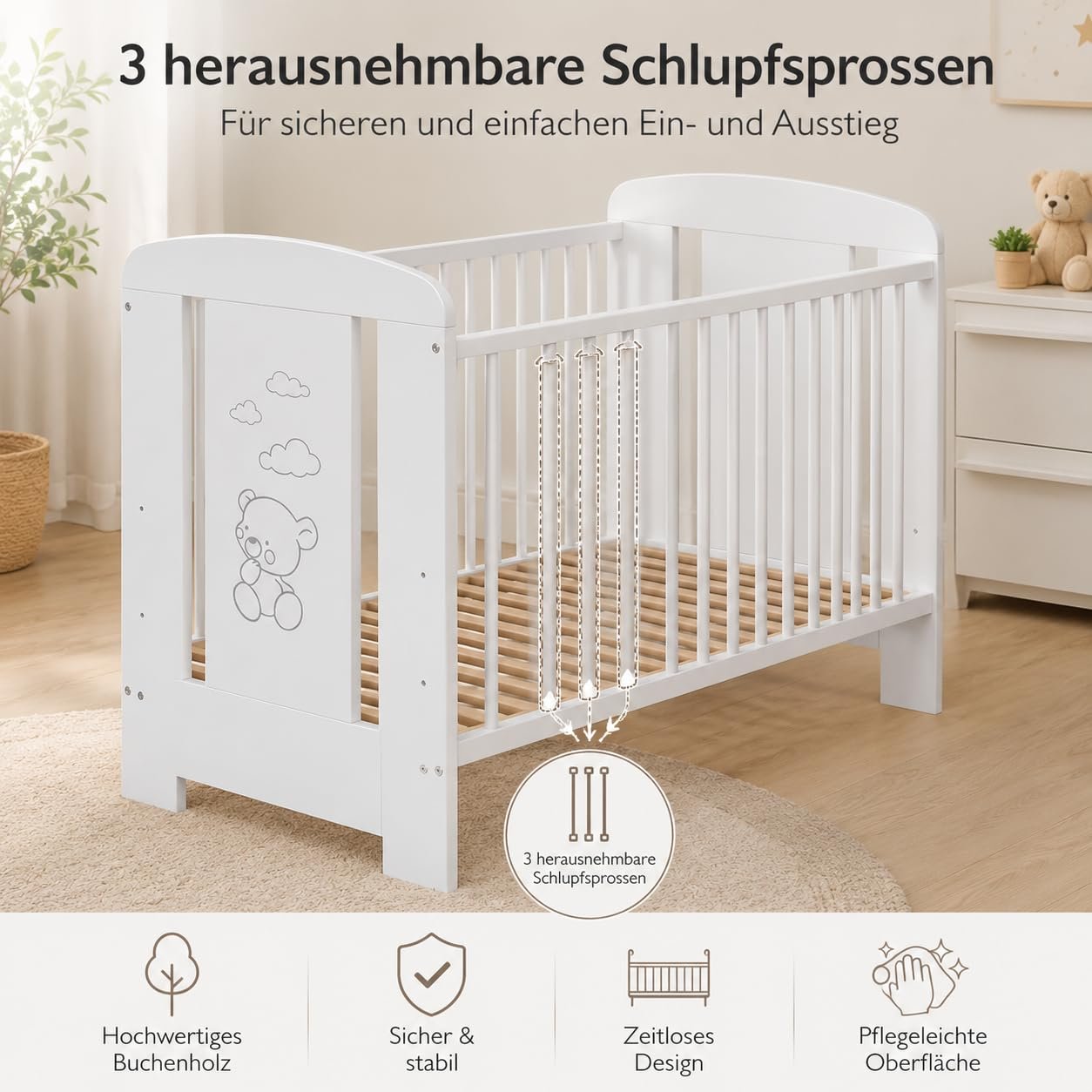 Best For Kids Babybett 120x60 cm, Umbaubar zum Juniorbett, Höhenverstellbar, Buche, Weiß - Image 6