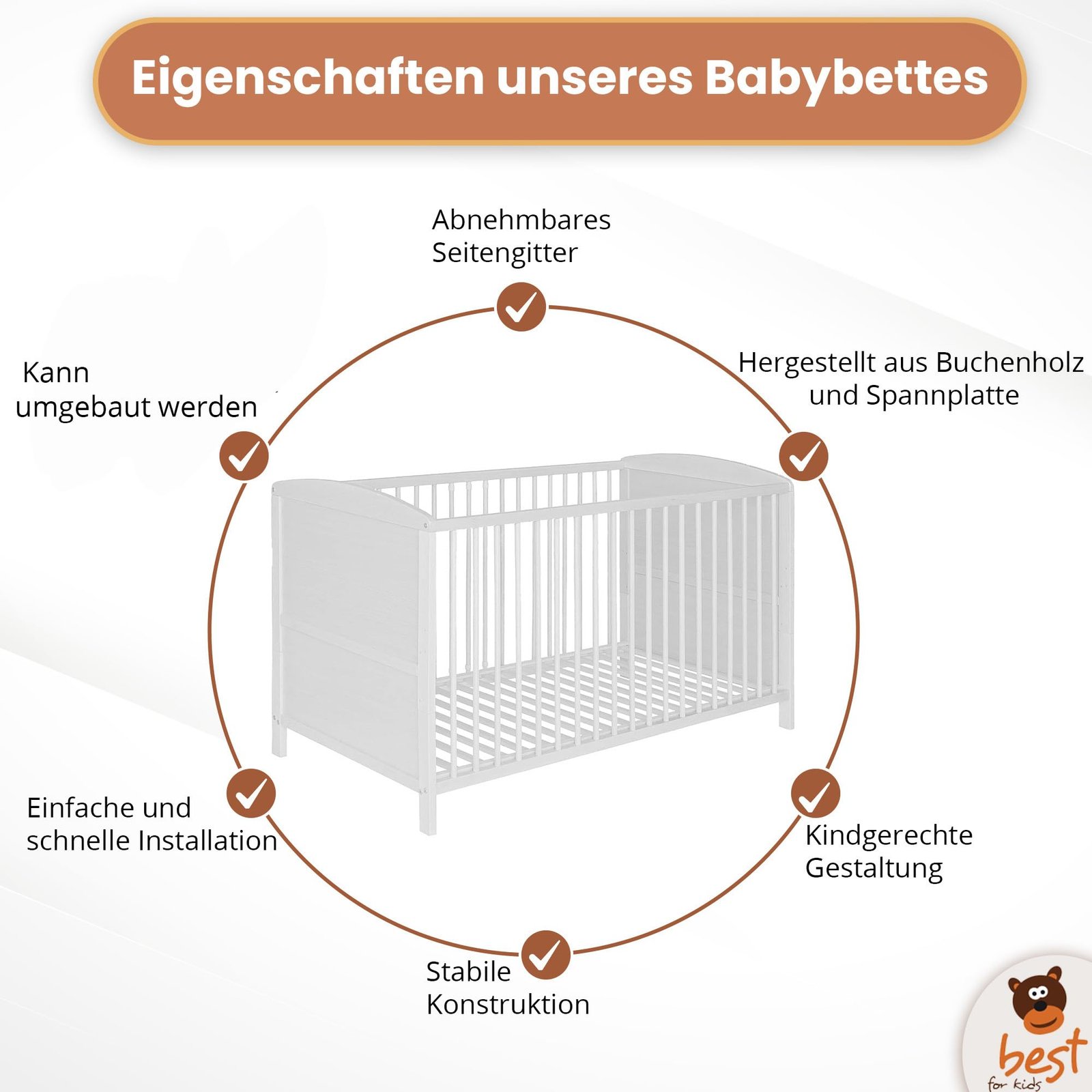 Best For Kids Gitterbett 70x140 cm 2in1 Babybett Juniorbett, umbaubar aus Buchenholz - Image 4
