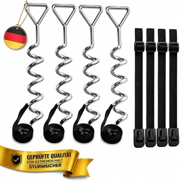 4myBaby Trampolin Bodenanker Set 4er, Sturmanker mit Gurten, Rostfrei, 8 mm Stahl, 40 cm