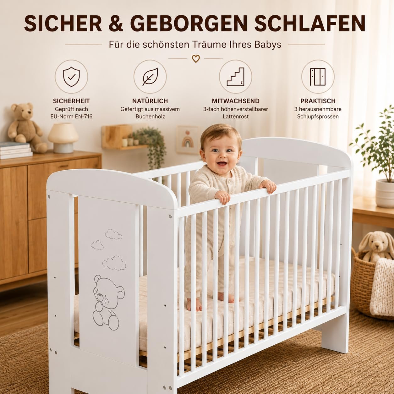 Best For Kids Babybett 120x60 cm, Umbaubar zum Juniorbett, Höhenverstellbar, Buche, Weiß - Image 3
