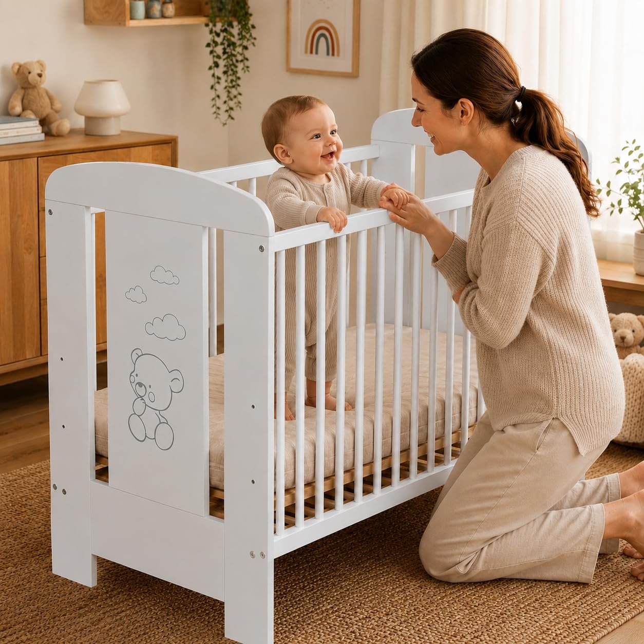 Best For Kids Babybett 120x60 cm, Umbaubar zum Juniorbett, Höhenverstellbar, Buche, Weiß - Image 5